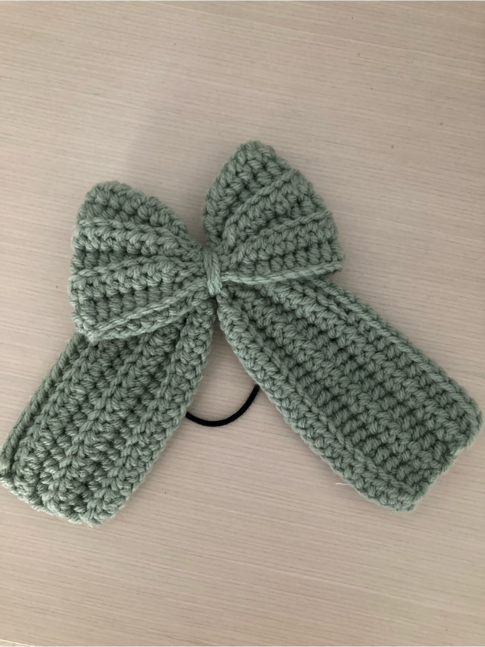 Handmade Sage Green Crochet Bow Hair Tie